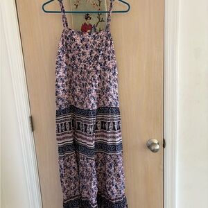 Floral Maxi Smocked Bodice Dress - Pink and Blue Floral Print